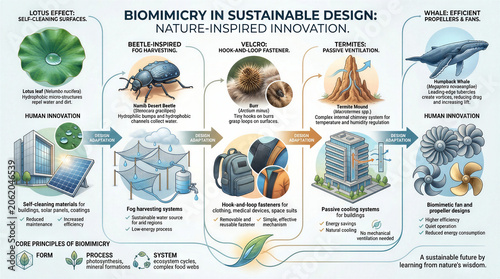 Illustration of biomimicry concepts showing nature inspired innovations such as self-cleaning surfaces and sustainable harvesting methods. Concepts of environmental design, architecture, technology