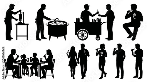 Black silhouette vector set of people enjoying sweet churros. Includes street food vendor making pastry in a fryer, food cart, and characters buying or eating the snack together.