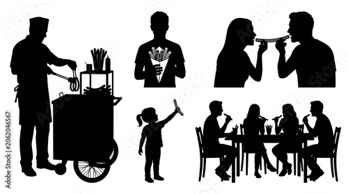 Black silhouette of people with churro vector set. Street food cart vendor, couple sharing snack, child holding pastry, and friends eating at cafe table.