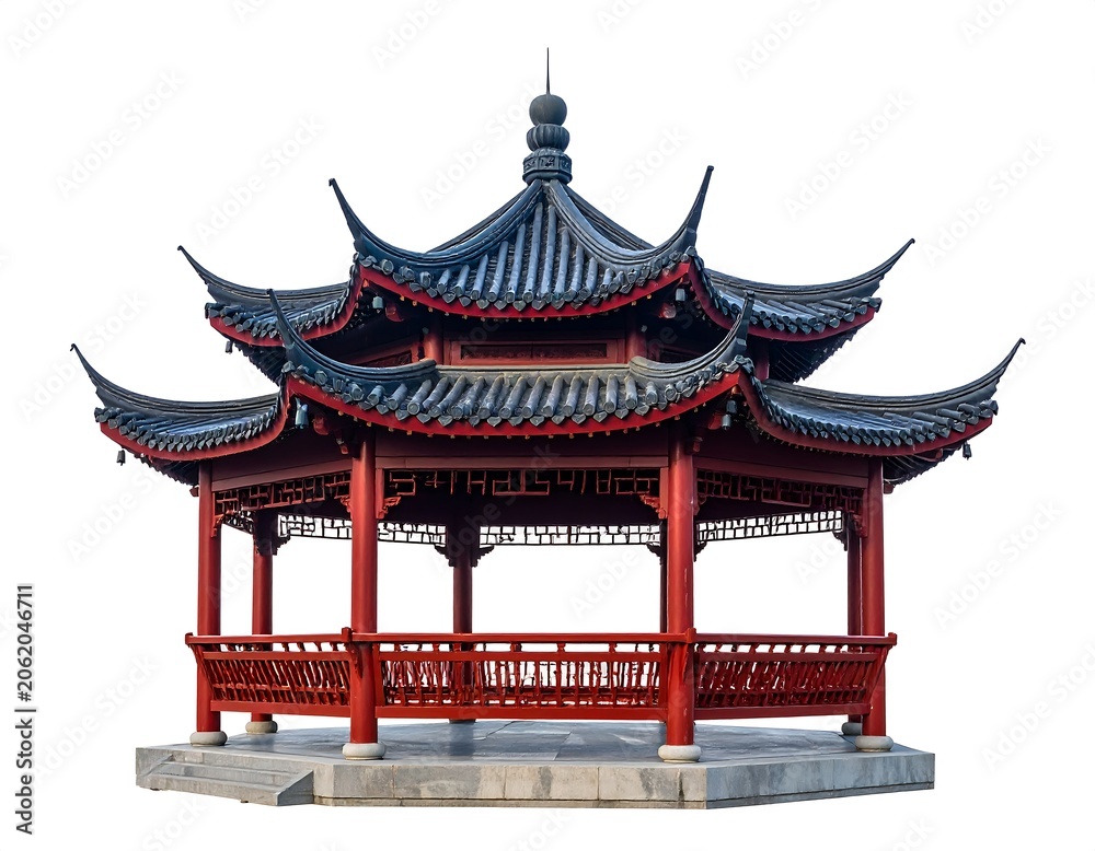 Fototapeta premium A traditional Asian pavilion with a multi-tiered roof and red pillars on a concrete base