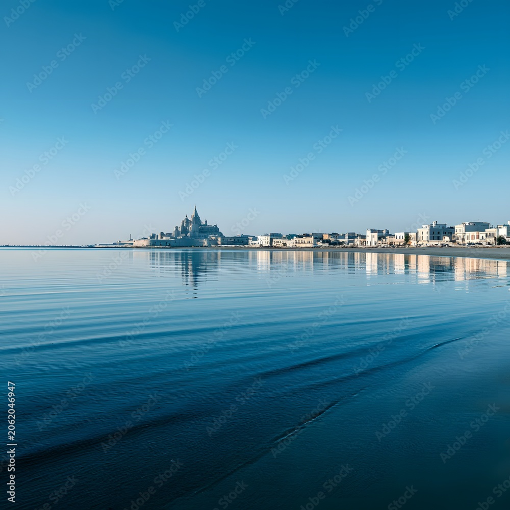Fototapeta premium Coastal City Skyline Reflected on Calm Ocean Water Under Clear Blue Sky