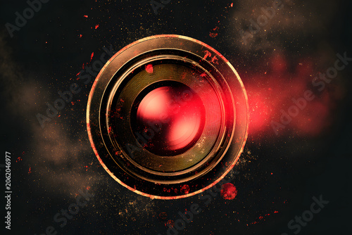 A template for a vintage photo film lens vignette that features dust, splatters, and red glare on a transparent background. It can be used for design, vintage film effects, and light leaks.