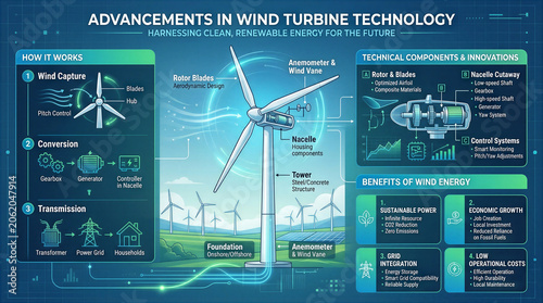 Wind turbines convert wind energy into electricity through various components. The setting shows large wind turbines on a landscape with a clear sky