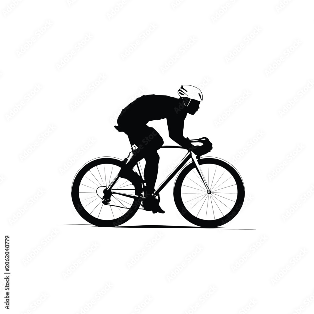 Obraz premium Cyclist silhouette riding a racing bike demonstrates high speed training and competitive endurance sport performance on a flat isolated background for fitness media.