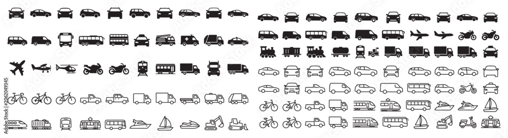 Naklejka premium Transport And Vehicle Icon Set — Black Silhouette And Outline Pictograms For Travel, Logistics, And Mobility