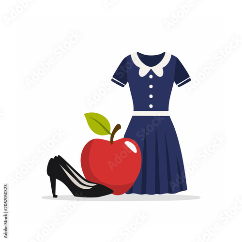 Flat design school uniform dress with apple and shoe