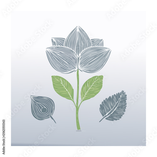Minimalist line art lotus flower with leaves and bud