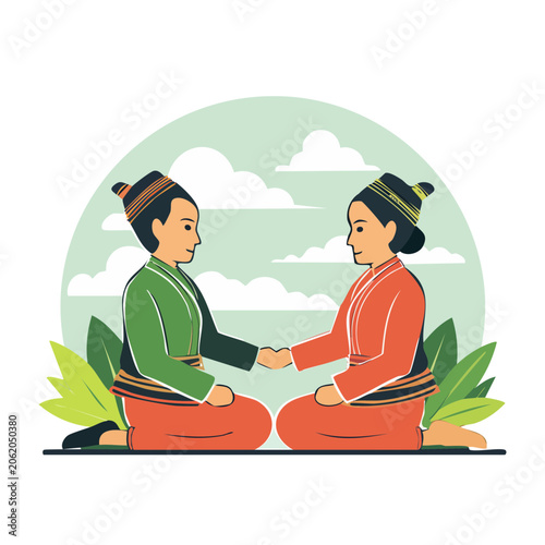 Two people in traditional clothing shaking hands illustration