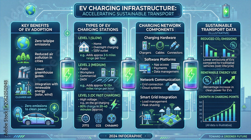 Infographic displays benefits of EV adoption along with different types of charging infrastructure. Visual elements include charging networks and sustainability data