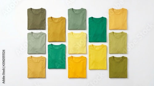 A neatly folded collection of t-shirts in various shades of green, yellow, and gold, arranged in a grid pattern