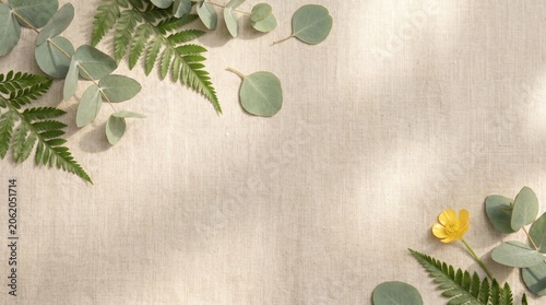 Delicate eucalyptus leaves and fern fronds are arranged on a textured surface, accented by a single yellow flower and dappled sunlight