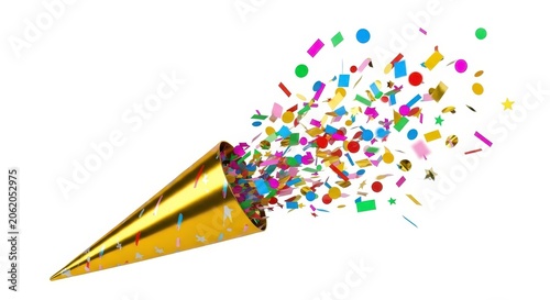 Golden Party Popper Exploding With Colorful Confetti Against White Background.