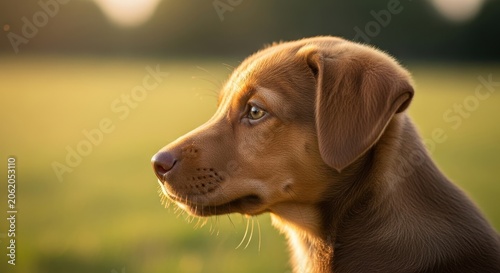 Golden Retriever Dog Profile Portrait Outdoors Golden Hour Light.