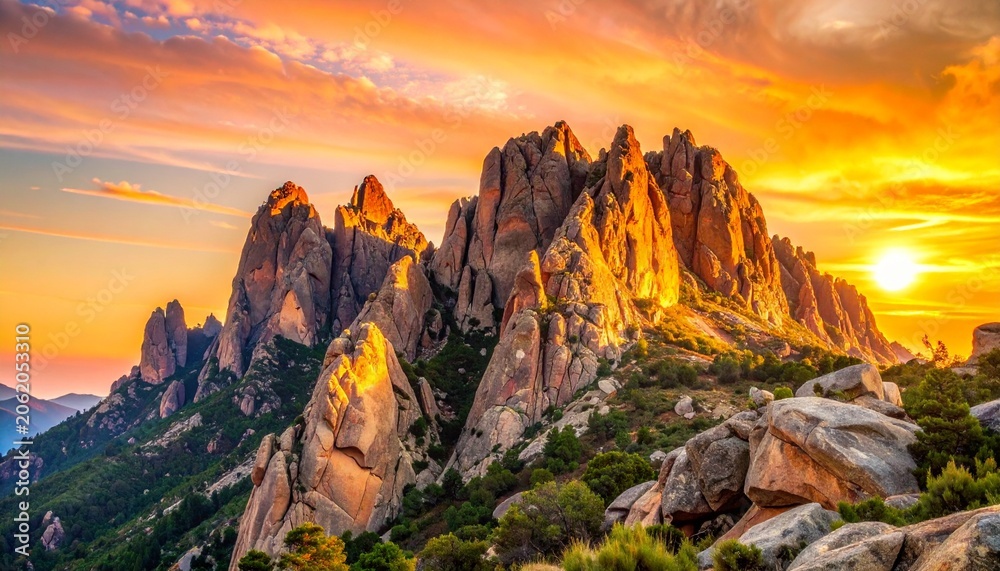 Naklejka premium Rocky peaks illuminated by sunrise