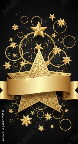 Golden Stars and Ribbons on Black Background.