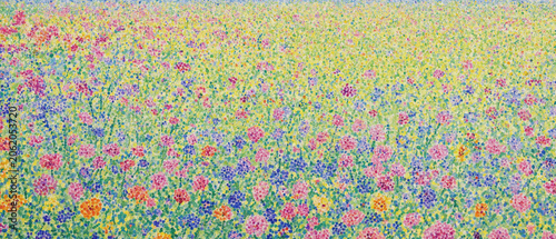 Foto Field of wildflowers pointillist painting with vibrant yellow and pastel tones