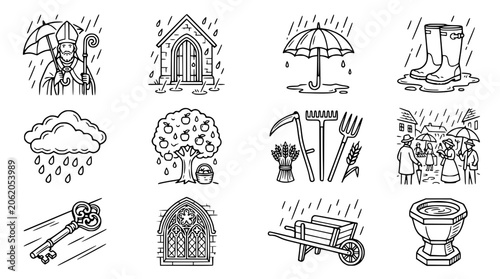 Tableau sur toile Collection of Vintage Weather and Rural Life Icons: Rain, Farming, and Buildings