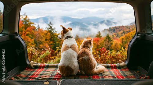 Rear View of Dog and Cat Sitting in Car Trunk Looking at Autumn Mountains