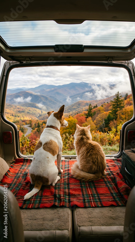 Rear View of Dog and Cat Sitting in Car Trunk Looking at Autumn Mountains