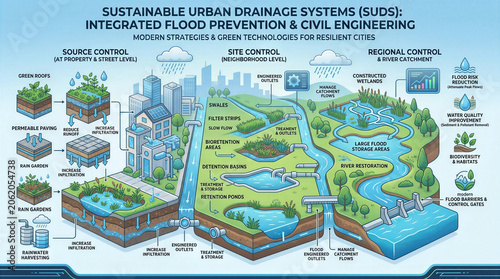 Illustration shows various strategies for urban drainage and flood prevention. Cityscape setting includes green infrastructure, water management systems, and resilient landscapes