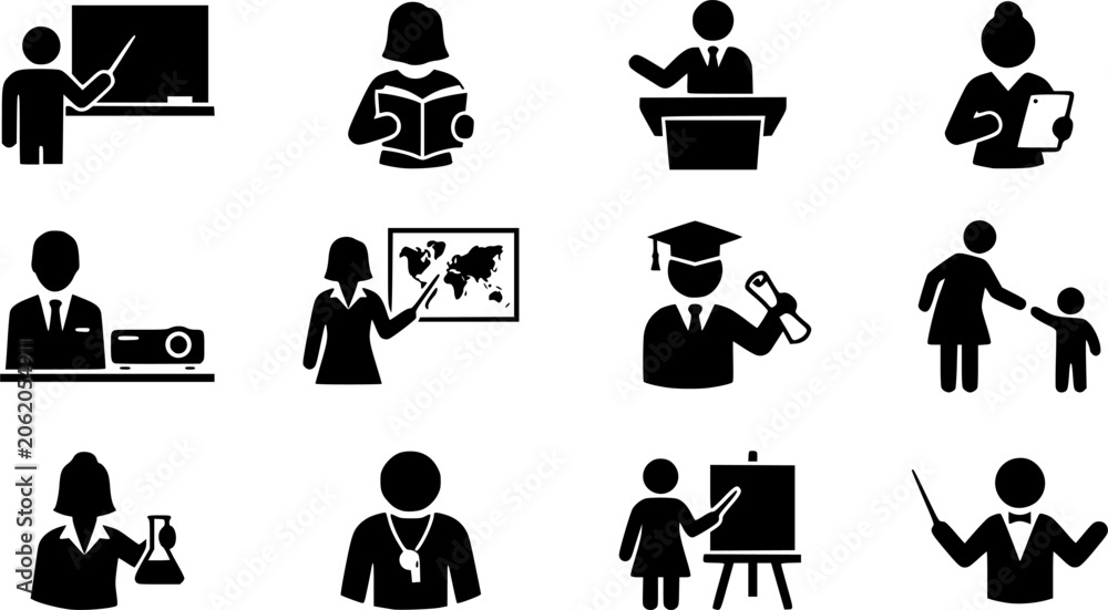Obraz premium Teacher silhouette icon set, flat black glyph style, pure white background