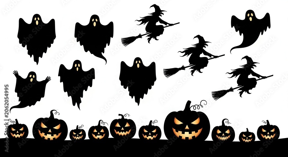 Fototapeta premium Halloween Silhouettes Collection Ghosts Witches Pumpkins.