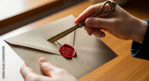 Hand holding old key opening sealed envelope with wax seal.