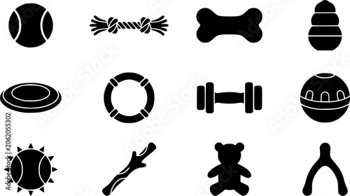 Dog toys silhouette icon set, flat black glyph style, pure white background