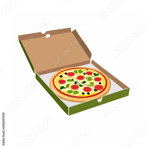 Flat design pizza box with pepperoni pizza top view