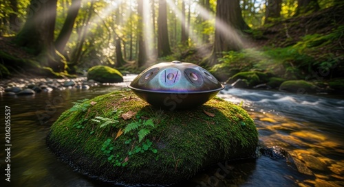 Handpan Instrument Resting on Mossy Rock in Sunlit Forest Stream.