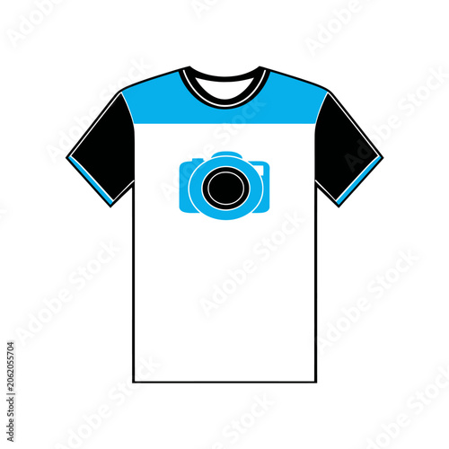 Graphic design illustration of a t-shirt, blue and black accents and a camera graphic