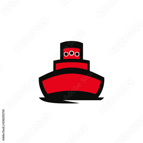 A stylized illustration of a red tugboat with black outlines and three small eye-like shapes