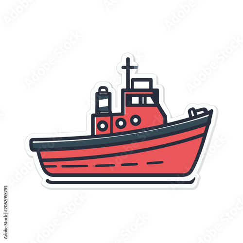 A red boat illustration, with a black outline, a simple design for a vessel on a white background
