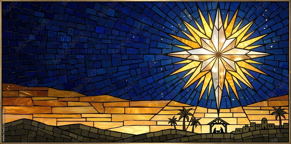 Obraz premium Stained glass style Nativity scene with Star of Bethlehem above the manger, Mary, Joseph and baby Jesus, Christmas faith concept.