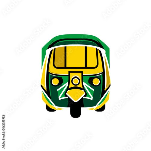 A frontal illustration of a three-wheeled auto-rickshaw, in shades of yellow, green, and black