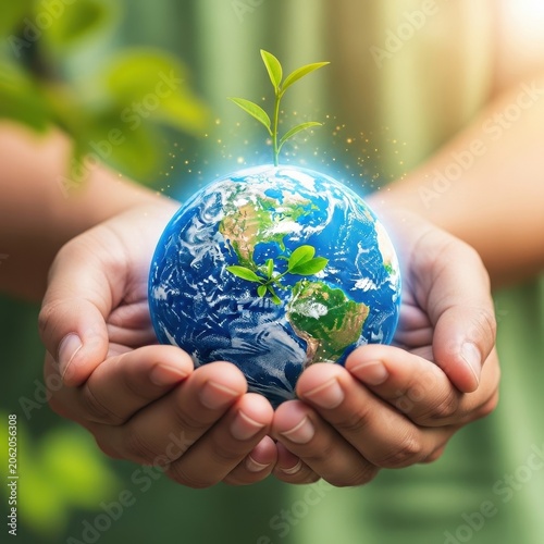 Hands Holding Earth With Growing Plants Symbolizing Environmental Care.