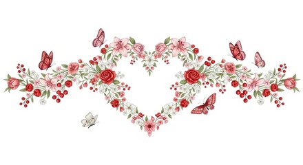 Heart shaped floral arrangement with butterflies.