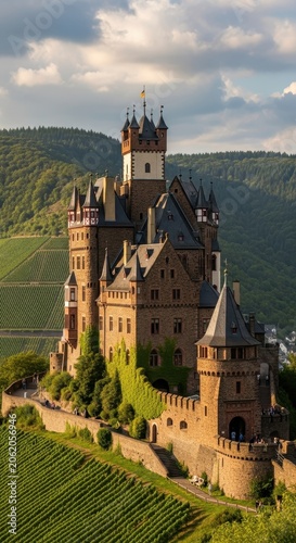 Historic Castle Perched on a Vine Covered Hillside Under a Dramatic Sky.