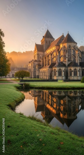 Historic Castle Reflecting in Calm Water at Sunrise.