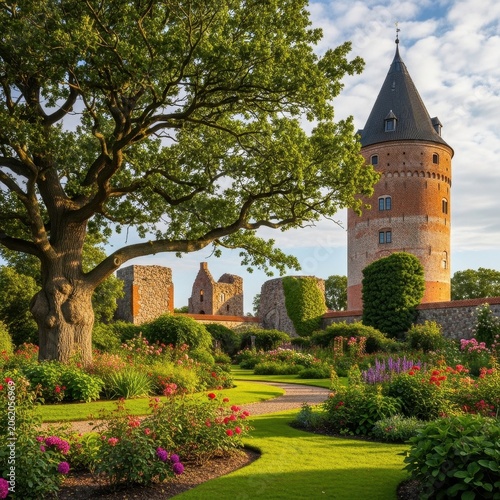 Historic Castle Tower and Gardens in Bloom.