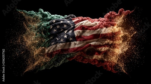 Visualizing conflict: flags and fire. Rich texture. Ember line between iran and us flags. Upscale style. Elegant presentation.