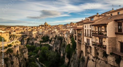 Historic European Cityscape with Dramatic Gorge and Buildings.