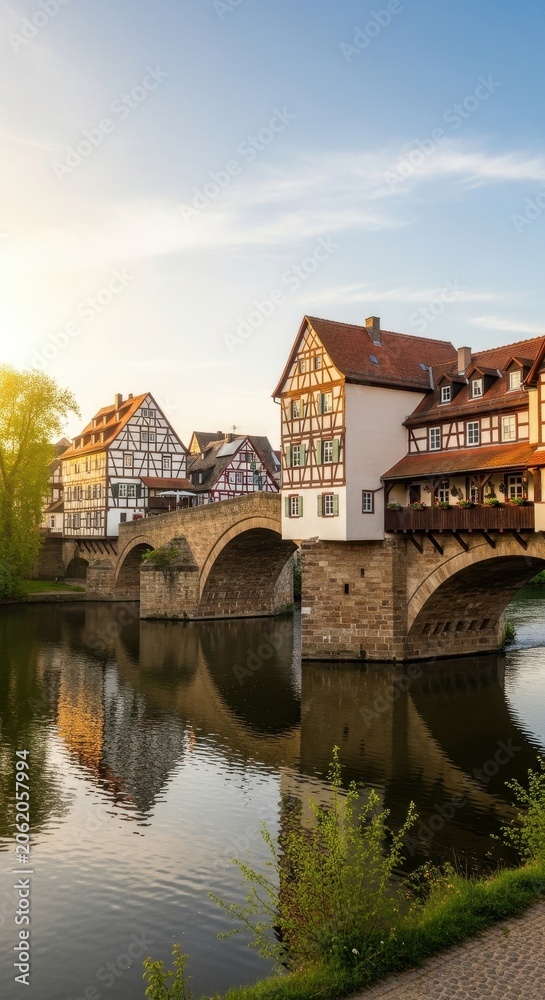 Obraz premium Historic Timber Framed Buildings Reflected in River with Stone Bridge.