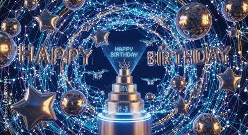 Happy Birthday Futuristic Celebration with Stars and Spheres.