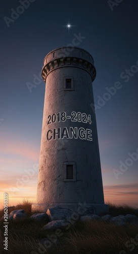 Historic lighthouse tower at dusk with celestial body above.