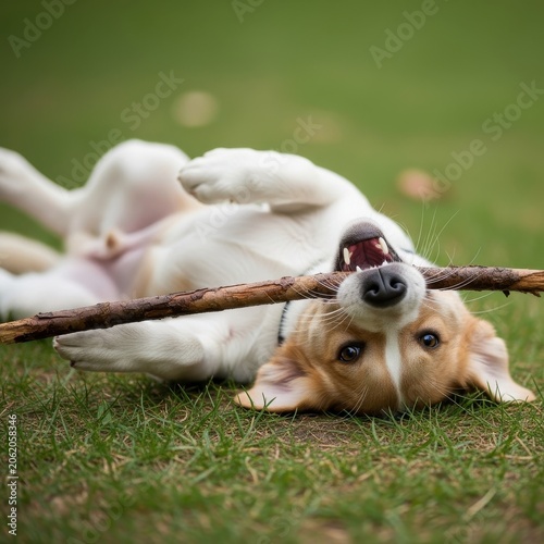 Happy Dog Playing with Stick Outdoors on Green Grass Lawn.