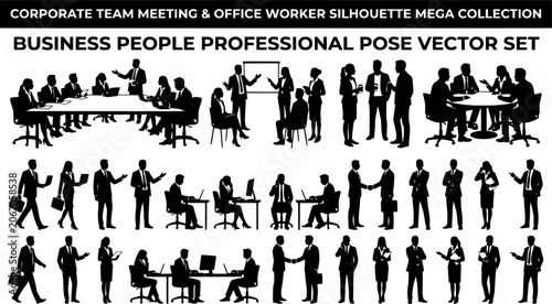 Corporate Team Meeting and Office Worker Silhouette Mega Collection, Business People Professional Pose Vector Set
