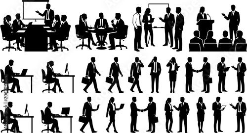 Corporate Team Meeting and Office Worker Silhouette Mega Collection, Business People Professional Pose Vector Set