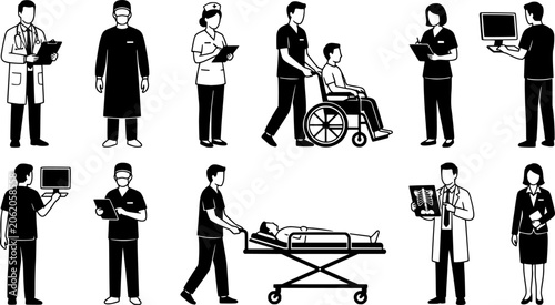Modern Healthcare and Medical Staff Silhouette Collection, Doctors Nurses Hospital Worker Vector Set