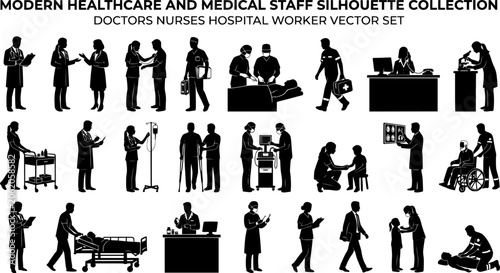 Modern Healthcare and Medical Staff Silhouette Collection, Doctors Nurses Hospital Worker Vector Set